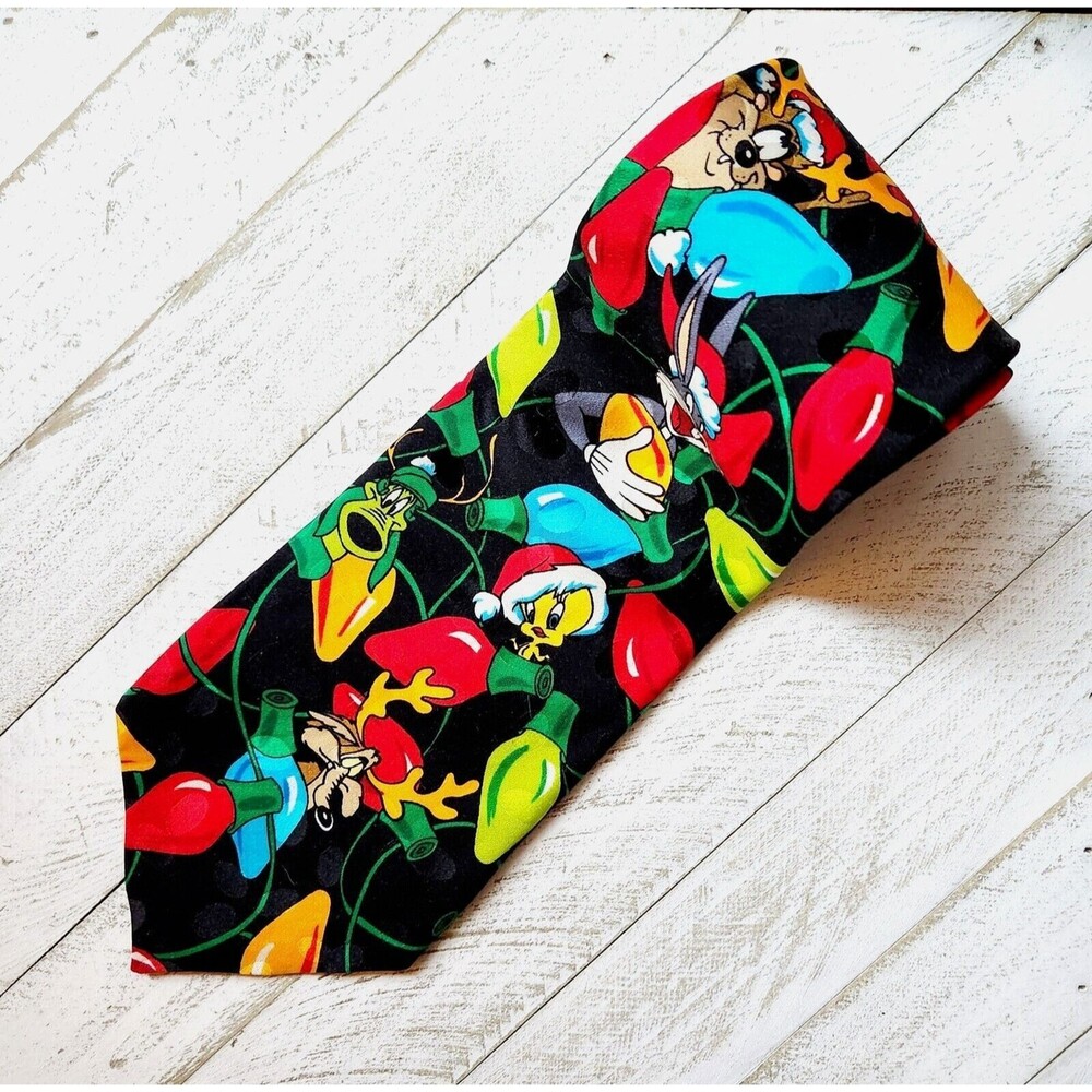Warner Bros Tweety Bird Bugs Bunny Wylie Coyote Christmas 1993 Silk Vtg Tie